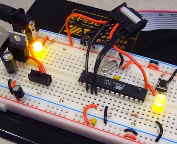 A circuit built on a solderless breadboard
