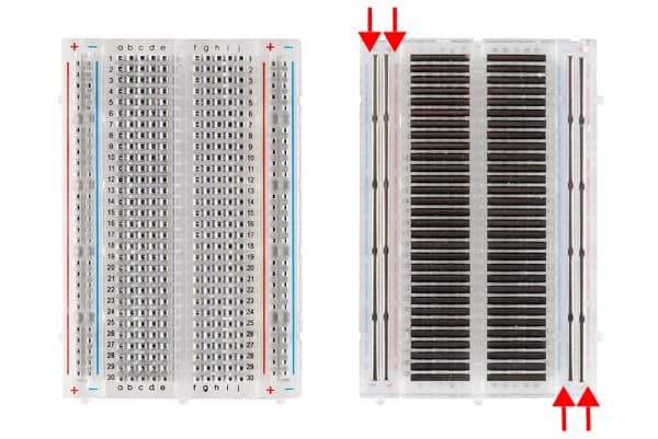 Front and back, medium breadboard with power rails exposed