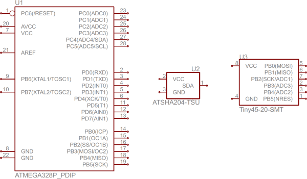 ATmega328, ATSHA204, and ATtiny45 IC symbols